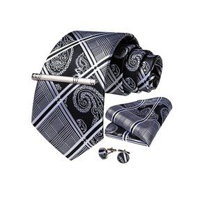 Men's Silk Tie + Pocket Square + Cufflinks + Tie Clip 4 Piece Set